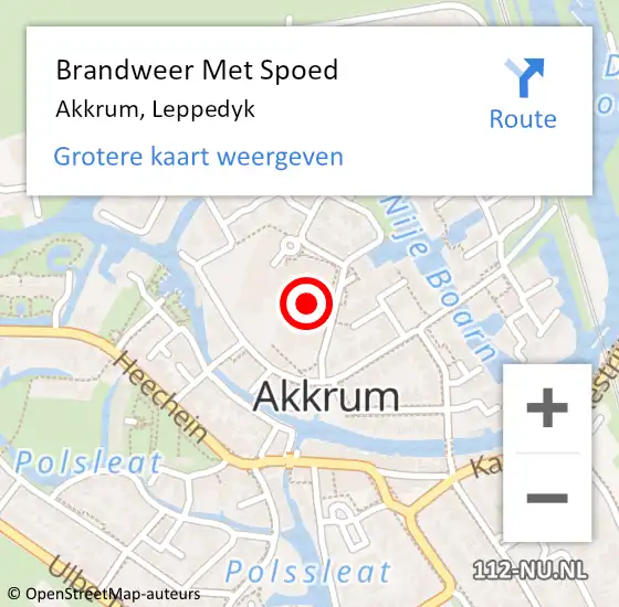 Locatie op kaart van de 112 melding: Brandweer Met Spoed Naar Akkrum, Leppedyk op 7 mei 2022 19:13