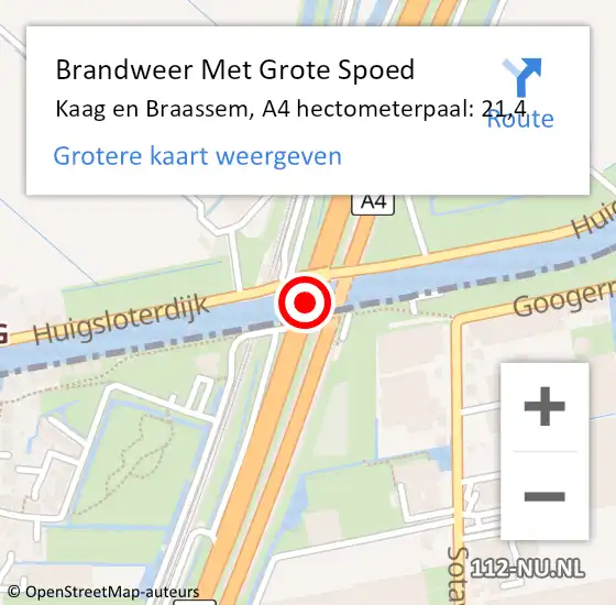 Locatie op kaart van de 112 melding: Brandweer Met Grote Spoed Naar Kaag en Braassem, A4 hectometerpaal: 21,4 op 7 mei 2022 19:21