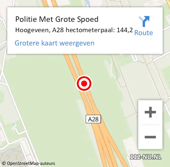 Locatie op kaart van de 112 melding: Politie Met Grote Spoed Naar Hoogeveen, A28 hectometerpaal: 144,2 op 7 mei 2022 21:35