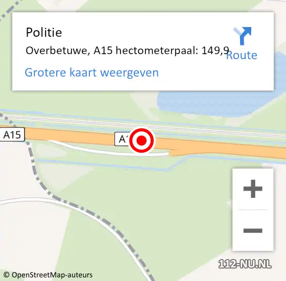 Locatie op kaart van de 112 melding: Politie Overbetuwe, A15 hectometerpaal: 149,9 op 7 mei 2022 23:21