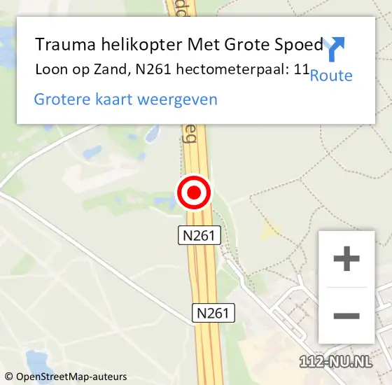 Locatie op kaart van de 112 melding: Trauma helikopter Met Grote Spoed Naar Loon op Zand, N261 hectometerpaal: 11 op 8 mei 2022 00:35