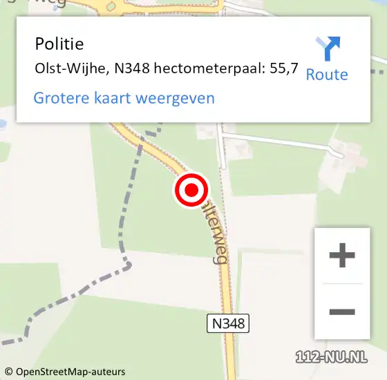 Locatie op kaart van de 112 melding: Politie Olst-Wijhe, N348 hectometerpaal: 55,7 op 8 mei 2022 01:26