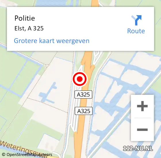 Locatie op kaart van de 112 melding: Politie Elst, A 325 op 8 mei 2022 02:01