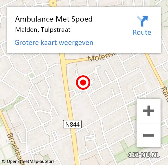 Locatie op kaart van de 112 melding: Ambulance Met Spoed Naar Malden, Tulpstraat op 8 mei 2022 02:49