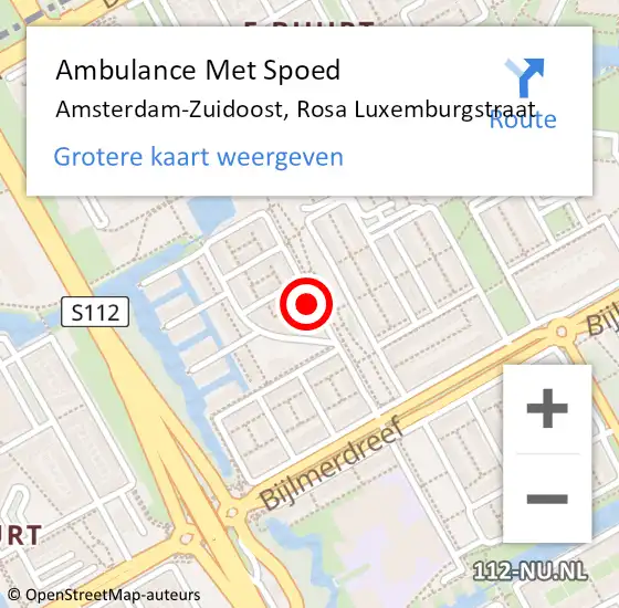 Locatie op kaart van de 112 melding: Ambulance Met Spoed Naar Amsterdam-Zuidoost, Rosa Luxemburgstraat op 8 mei 2022 03:00