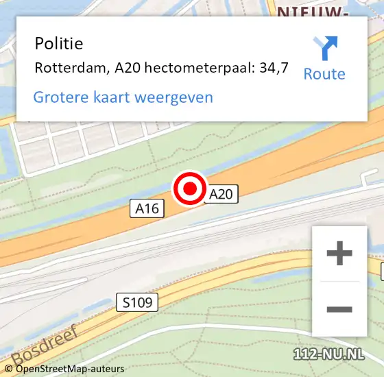 Locatie op kaart van de 112 melding: Politie Rotterdam, A20 hectometerpaal: 34,7 op 8 mei 2022 03:53