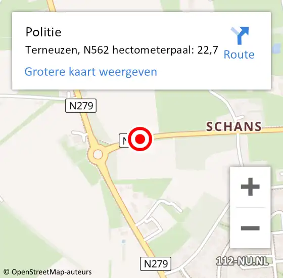 Locatie op kaart van de 112 melding: Politie Terneuzen, N562 hectometerpaal: 22,7 op 8 mei 2022 05:32