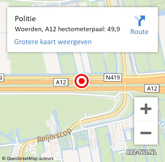 Locatie op kaart van de 112 melding: Politie Woerden, A12 hectometerpaal: 49,9 op 8 mei 2022 06:26