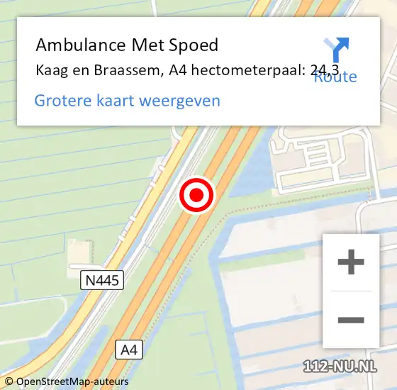 Locatie op kaart van de 112 melding: Ambulance Met Spoed Naar Kaag en Braassem, A4 hectometerpaal: 24,3 op 8 mei 2022 06:30