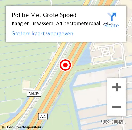 Locatie op kaart van de 112 melding: Politie Met Grote Spoed Naar Kaag en Braassem, A4 hectometerpaal: 24,3 op 8 mei 2022 06:32