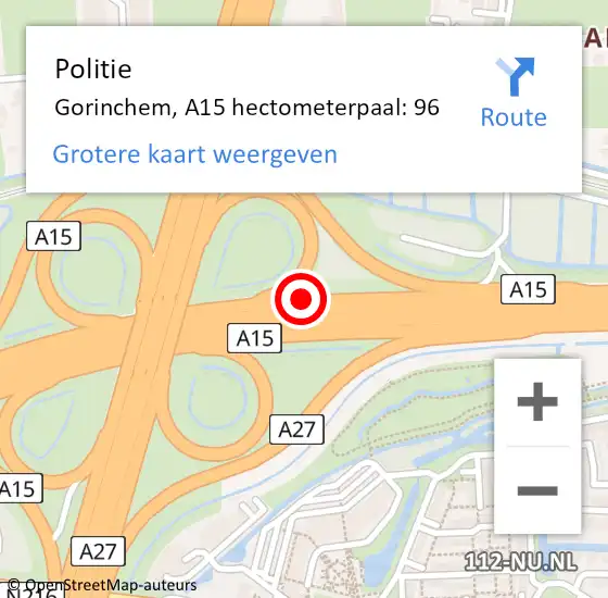 Locatie op kaart van de 112 melding: Politie Gorinchem, A15 hectometerpaal: 96 op 8 mei 2022 07:19