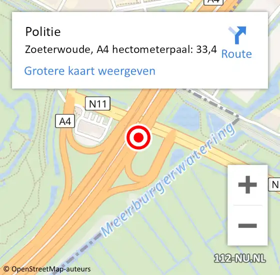 Locatie op kaart van de 112 melding: Politie Zoeterwoude, A4 hectometerpaal: 33,4 op 8 mei 2022 07:24