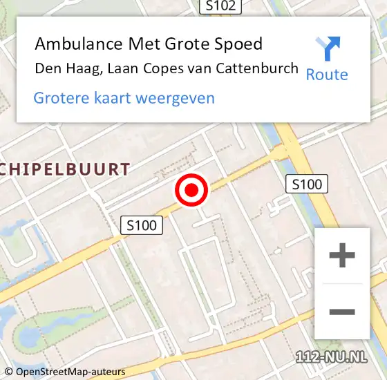 Locatie op kaart van de 112 melding: Ambulance Met Grote Spoed Naar Den Haag, Laan Copes van Cattenburch op 8 mei 2022 12:19