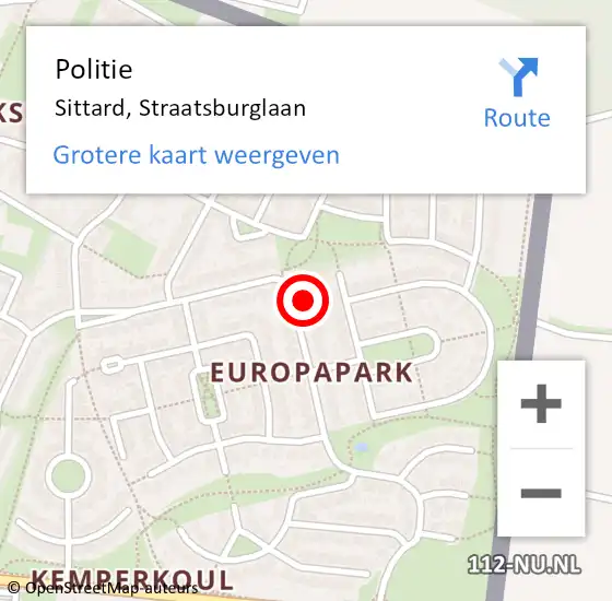 Locatie op kaart van de 112 melding: Politie Sittard, Straatsburglaan op 8 mei 2022 12:58