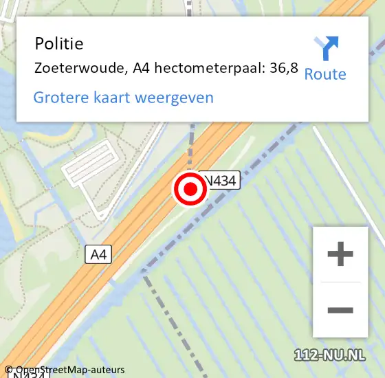 Locatie op kaart van de 112 melding: Politie Zoeterwoude, A4 hectometerpaal: 36,8 op 8 mei 2022 17:16