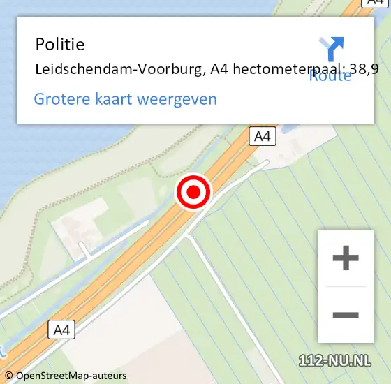 Locatie op kaart van de 112 melding: Politie Leidschendam-Voorburg, A4 hectometerpaal: 38,9 op 8 mei 2022 17:27