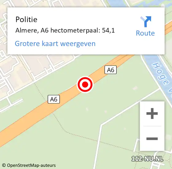 Locatie op kaart van de 112 melding: Politie Almere, A6 hectometerpaal: 54,1 op 8 mei 2022 17:46