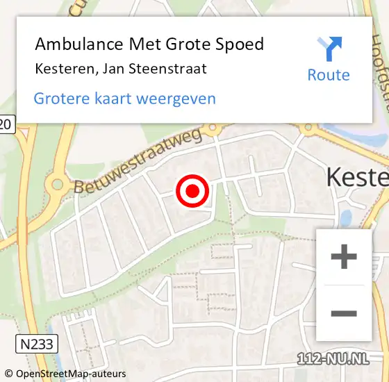 Locatie op kaart van de 112 melding: Ambulance Met Grote Spoed Naar Kesteren, Jan Steenstraat op 8 mei 2022 18:09