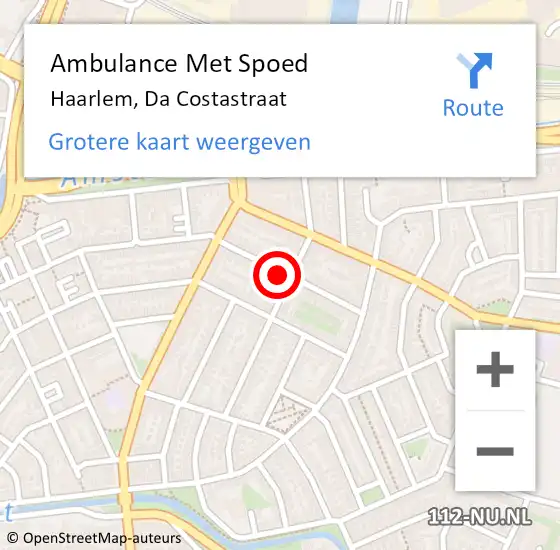 Locatie op kaart van de 112 melding: Ambulance Met Spoed Naar Haarlem, Da Costastraat op 8 mei 2022 18:29