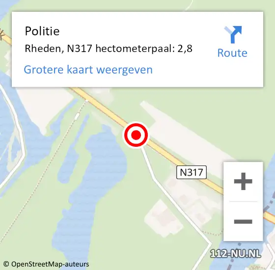 Locatie op kaart van de 112 melding: Politie Rheden, N317 hectometerpaal: 2,8 op 8 mei 2022 18:54