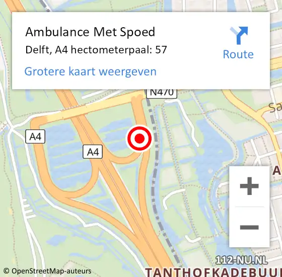 Locatie op kaart van de 112 melding: Ambulance Met Spoed Naar Delft, A4 hectometerpaal: 57 op 9 mei 2022 00:12
