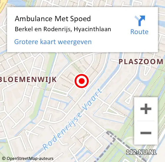 Locatie op kaart van de 112 melding: Ambulance Met Spoed Naar Berkel en Rodenrijs, Hyacinthlaan op 9 mei 2022 07:29