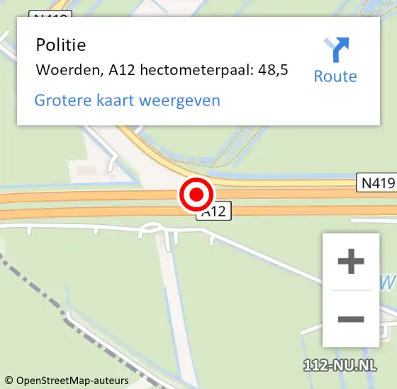 Locatie op kaart van de 112 melding: Politie Woerden, A12 hectometerpaal: 48,5 op 9 mei 2022 07:42