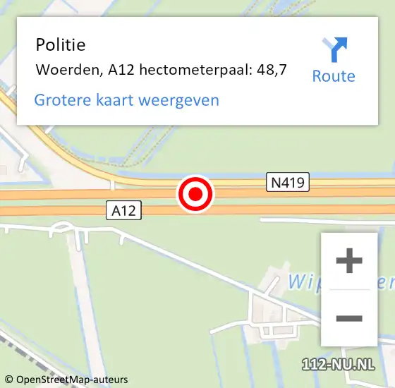 Locatie op kaart van de 112 melding: Politie Woerden, A12 hectometerpaal: 48,7 op 9 mei 2022 07:42