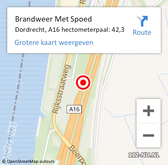 Locatie op kaart van de 112 melding: Brandweer Met Spoed Naar Dordrecht, A16 hectometerpaal: 42,3 op 9 mei 2022 07:53