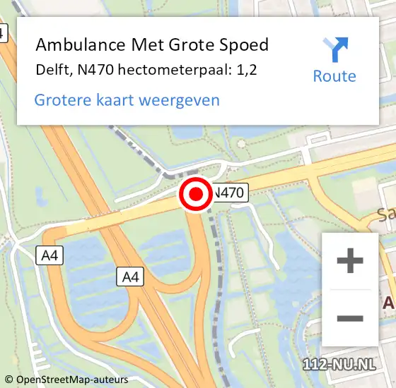 Locatie op kaart van de 112 melding: Ambulance Met Grote Spoed Naar Delft, N470 hectometerpaal: 1,2 op 9 mei 2022 09:49