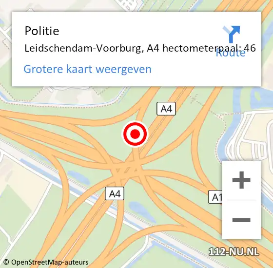 Locatie op kaart van de 112 melding: Politie Leidschendam-Voorburg, A4 hectometerpaal: 46 op 9 mei 2022 10:18