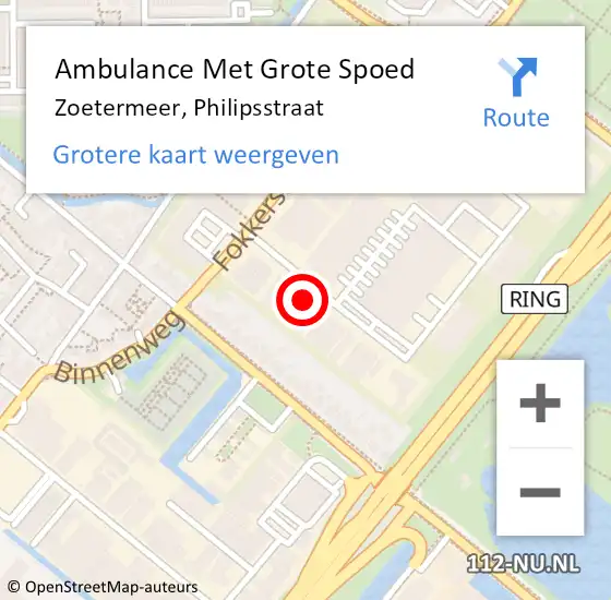 Locatie op kaart van de 112 melding: Ambulance Met Grote Spoed Naar Zoetermeer, Philipsstraat op 9 mei 2022 12:16