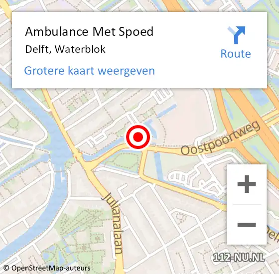 Locatie op kaart van de 112 melding: Ambulance Met Spoed Naar Delft, Waterblok op 9 mei 2022 12:54