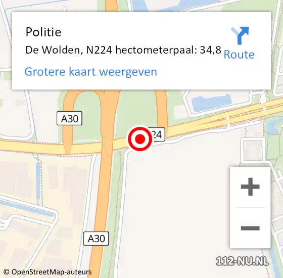 Locatie op kaart van de 112 melding: Politie De Wolden, N224 hectometerpaal: 34,8 op 9 mei 2022 16:15