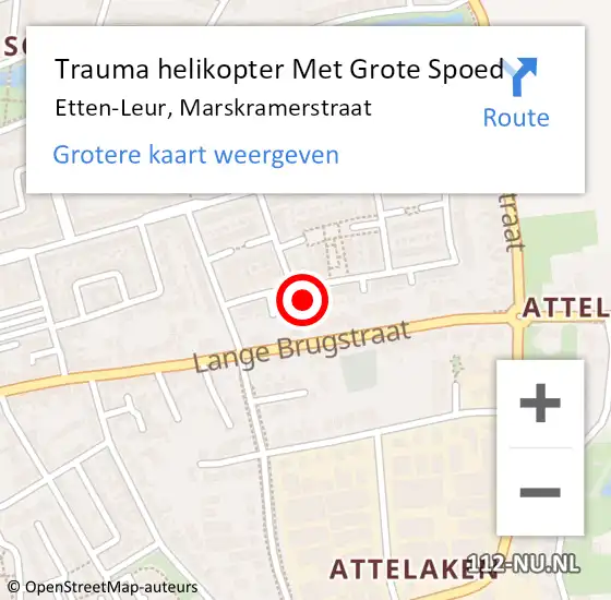 Locatie op kaart van de 112 melding: Trauma helikopter Met Grote Spoed Naar Etten-Leur, Marskramerstraat op 9 mei 2022 18:08