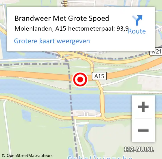 Locatie op kaart van de 112 melding: Brandweer Met Grote Spoed Naar Molenlanden, A15 hectometerpaal: 93,9 op 9 mei 2022 18:22