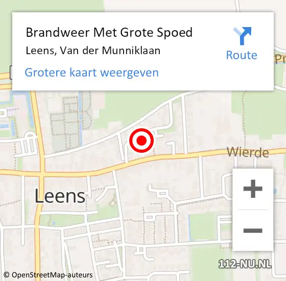 Locatie op kaart van de 112 melding: Brandweer Met Grote Spoed Naar Leens, Van der Munniklaan op 9 mei 2022 19:05