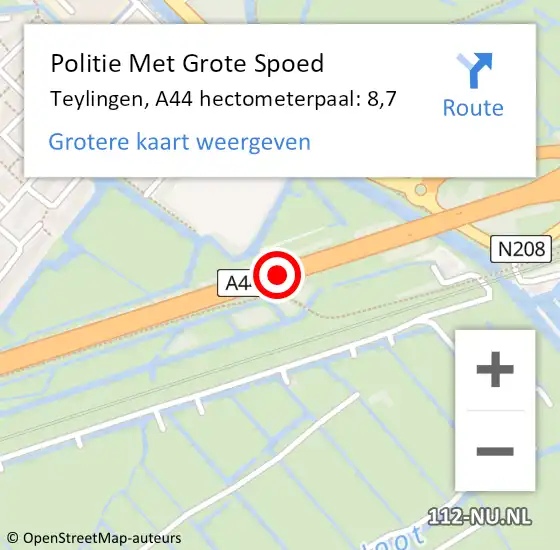 Locatie op kaart van de 112 melding: Politie Met Grote Spoed Naar Teylingen, A44 hectometerpaal: 8,7 op 9 mei 2022 22:26