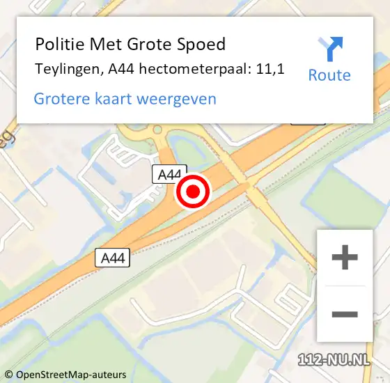 Locatie op kaart van de 112 melding: Politie Met Grote Spoed Naar Teylingen, A44 hectometerpaal: 11,1 op 9 mei 2022 22:27