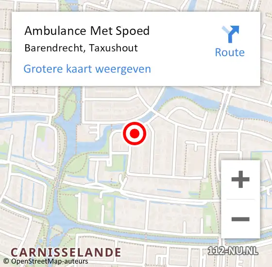 Locatie op kaart van de 112 melding: Ambulance Met Spoed Naar Barendrecht, Taxushout op 9 mei 2022 22:57