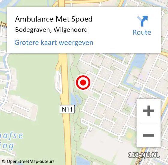 Locatie op kaart van de 112 melding: Ambulance Met Spoed Naar Bodegraven, Wilgenoord op 10 mei 2022 00:33