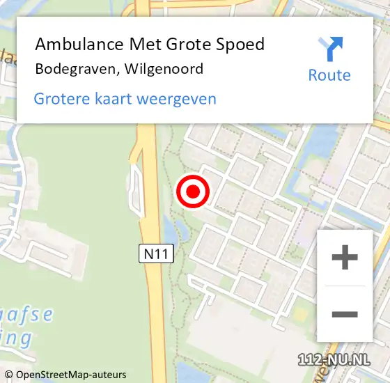 Locatie op kaart van de 112 melding: Ambulance Met Grote Spoed Naar Bodegraven, Wilgenoord op 10 mei 2022 00:34