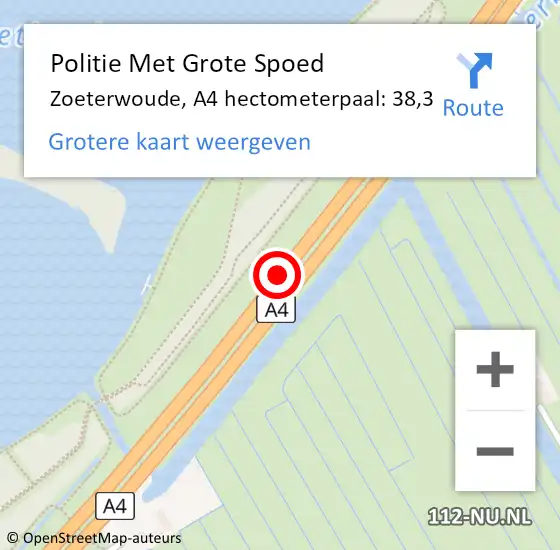 Locatie op kaart van de 112 melding: Politie Met Grote Spoed Naar Zoeterwoude, A4 hectometerpaal: 38,3 op 10 mei 2022 06:48