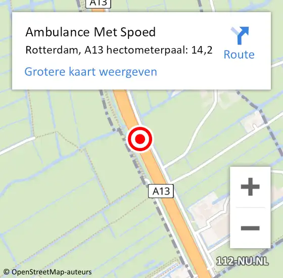 Locatie op kaart van de 112 melding: Ambulance Met Spoed Naar Rotterdam, A13 hectometerpaal: 14,2 op 10 mei 2022 08:30