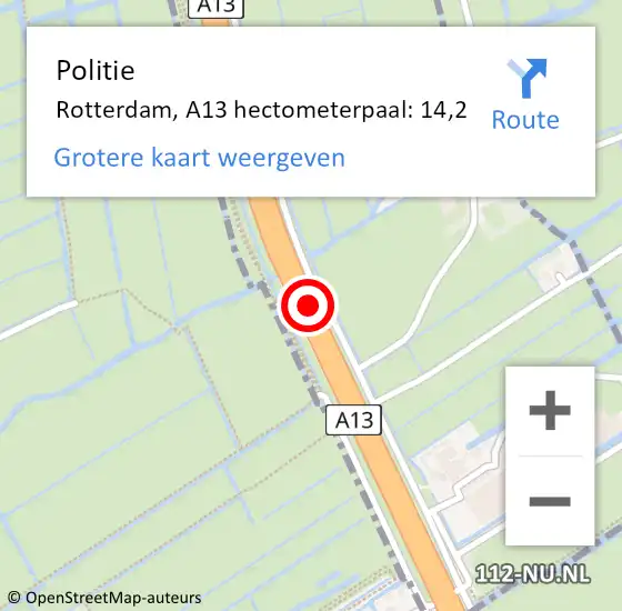 Locatie op kaart van de 112 melding: Politie Rotterdam, A13 hectometerpaal: 14,2 op 10 mei 2022 08:32