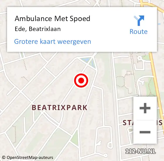 Locatie op kaart van de 112 melding: Ambulance Met Spoed Naar Ede, Beatrixlaan op 10 mei 2022 10:19