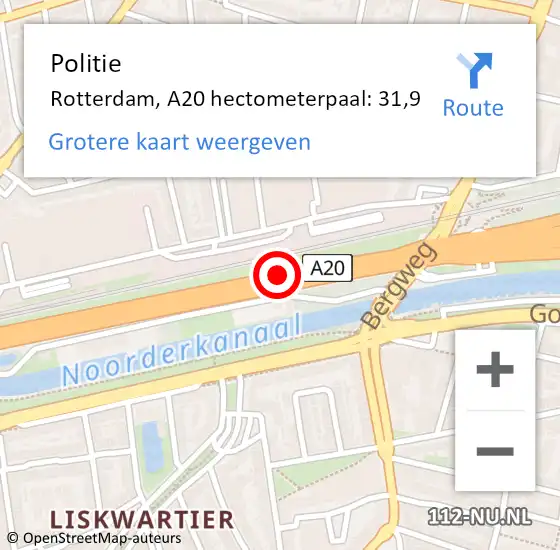 Locatie op kaart van de 112 melding: Politie Rotterdam, A20 hectometerpaal: 31,9 op 10 mei 2022 11:36