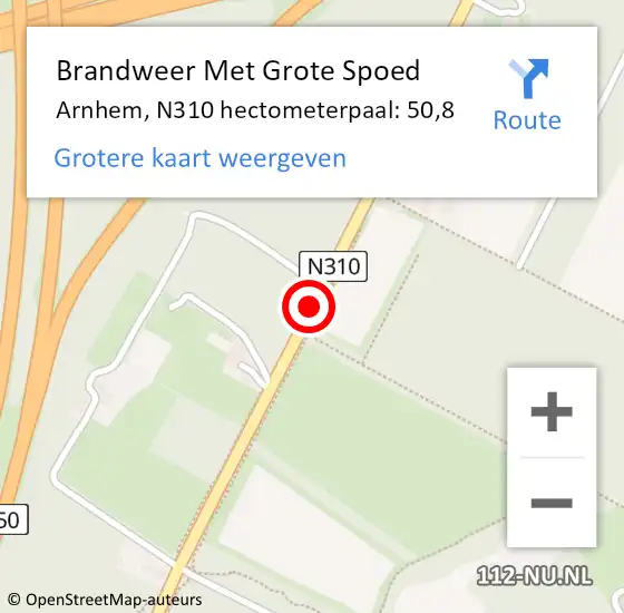 Locatie op kaart van de 112 melding: Brandweer Met Grote Spoed Naar Arnhem, N310 hectometerpaal: 50,8 op 10 mei 2022 11:40