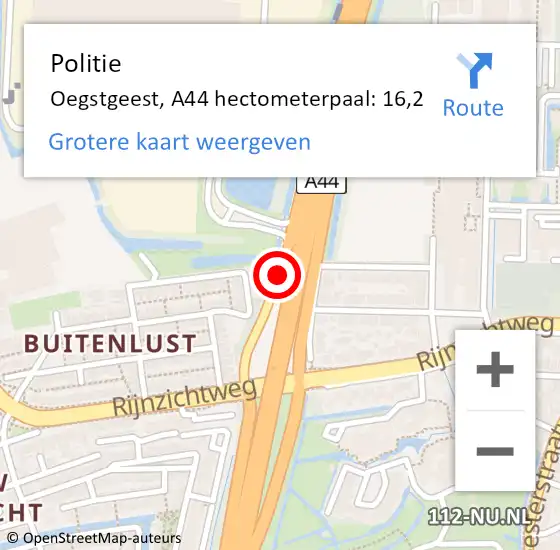 Locatie op kaart van de 112 melding: Politie Oegstgeest, A44 hectometerpaal: 16,2 op 10 mei 2022 11:45