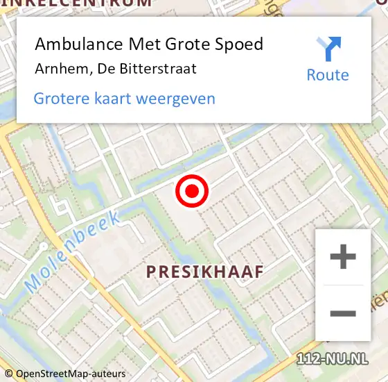 Locatie op kaart van de 112 melding: Ambulance Met Grote Spoed Naar Arnhem, De Bitterstraat op 10 mei 2022 12:10